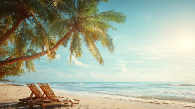 Relaxing beach scene with palm trees, ocean, and lounge chairs under a sunny sky