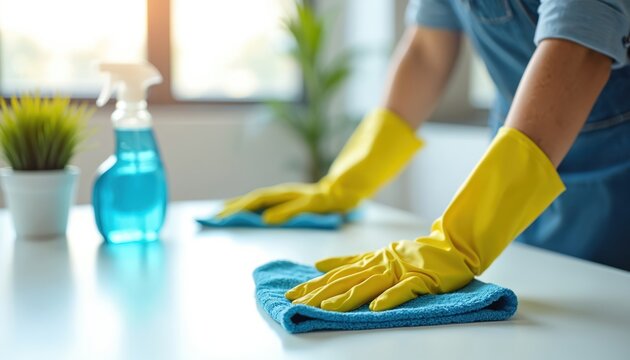 Person wears yellow gloves cleaning a white table. Spray bottle with cleaner and green plant are near. Cleaning services or home office tidying up. - Powered by Adobe