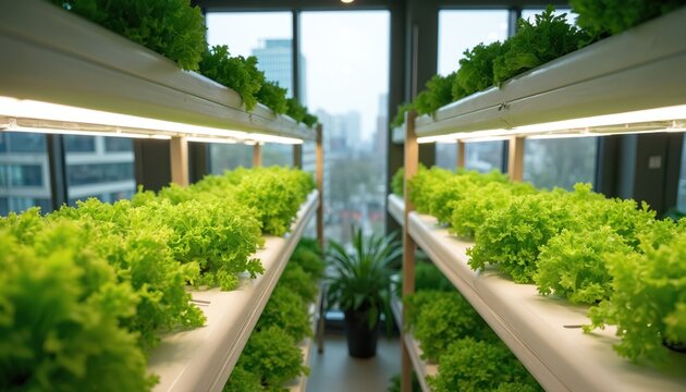 Vertical farm with rows of green lettuce under grow lights. Indoor farming optimizes space for fresh produce. City buildings visible through window.