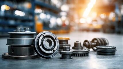 Stunning photo of various car spare part on the garage floor on a car background, auto repair shop or auto parts store concept.