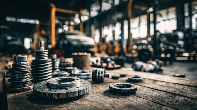 Stunning photo of various car spare part on the garage floor on a car background, auto repair shop or auto parts store concept.