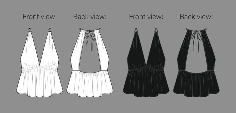 Vector woman loose fitting top fashion CAD, sleeveless blouse with adjustable thin straps, contrast lace trim technical sketch, flat, template. Tank top with frills and opened back, white, black color