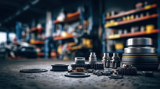 Stunning photo of various car spare part on the garage floor on a car background, auto repair shop or auto parts store concept.