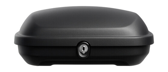 Compact rooftop storage box with a textured finish and central locking system.
