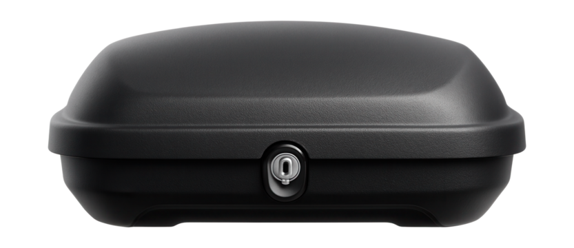 Compact rooftop storage box with a textured finish and central locking system.