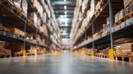 Stunning photo of warehouse industry blur background with logistic wholesale storehouse, blurry industrial silo interior aisle for furniture merchandise inventory and wood.