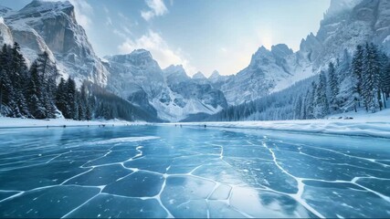 Experience stunning winter beauty in a frozen lake surrounded by majestic mountains and evergreen trees under a bright blue sky at dawn - Powered by Adobe