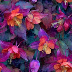 A seamless floral pattern features stylized fuchsia blooms in shades of vibrant magenta, deep purple, and bright orange against dark leaves.