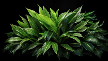 a vibrant green bush with glossy leaves against a stark black background creating a contrast look