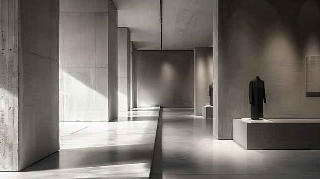 modern interior design featuring minimalist architecture with concrete walls and sleek surfaces. space is illuminated by natural light, creating sophisticated