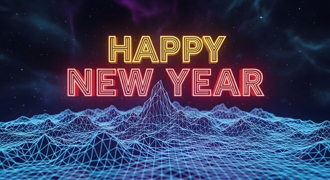 Happy new year glowing neon text with futuristic grid landscape