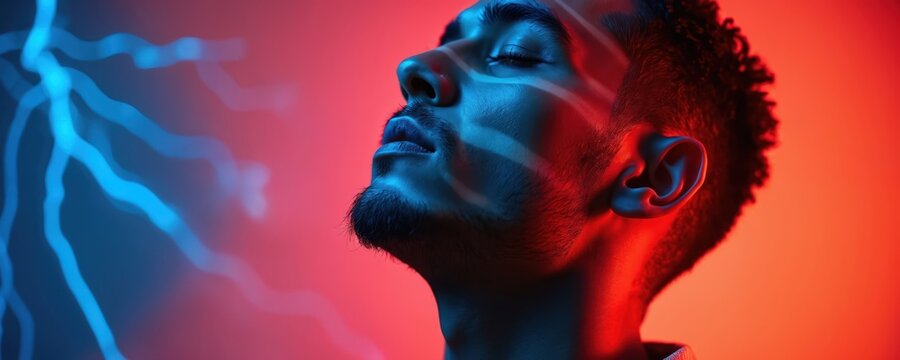 Man with eyes closed in studio. Blue and red lights create abstract lines on his face. Dramatic portrait shows face detail. Mood is contemplative, artistic and vibrant.
