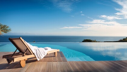relaxing poolside scene sun lounger with towel overlooking tranquil ocean view