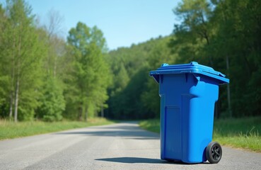 Blue plastic rubbish bin sits on empty asphalt road. Rich green forest trees line background under clear blue sky. New empty container awaits waste collection. Modern eco friendly solution supports