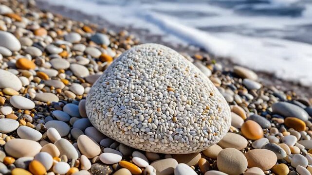 A natural rock formation on a sunny beach with small pebbles and sand, perfect for a coastal scene or outdoor theme