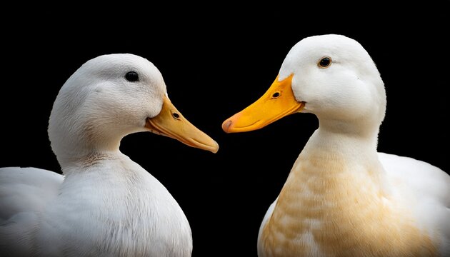 close up of two ducks one white and one yellow side by side against a black isolated background