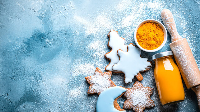 Festive iced cookies in winter shapes with turmeric powder, juice and rolling pin on powdered blue background, copy space