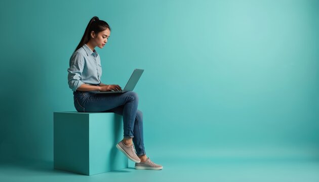 Young woman sits on cube using laptop. Attractive female model working on computer. Girl types on keyboard. Modern lifestyle. Blue background studio shot. Focused asian lady. Freelancer working from