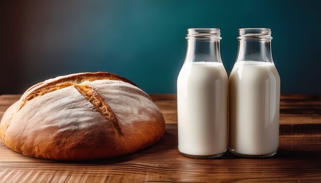 glass bottles of warm milk beside freshly baked bread on wooden table