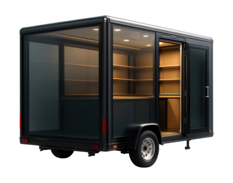 Mobile shop with rear access and illuminated interior visible through tinted glass.