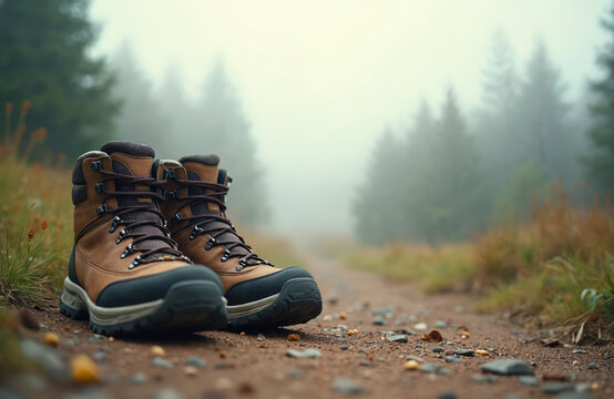 Pair of brown leather hiking boots rests on a dirt path. Pine trees and mist create a foggy mountain forest backdrop. Ready for outdoor adventure and exploration.