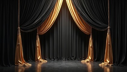 Luxurious black, gold curtains frame elegant stage area. Golden drapes tied back, revealing dark backdrop, shiny floor. Upscale setup perfect for special event, award ceremony, gala, grand