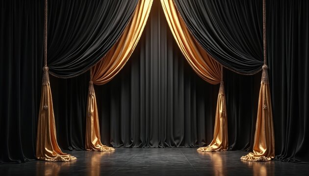 Luxurious black, gold curtains frame elegant stage area. Golden drapes tied back, revealing dark backdrop, shiny floor. Upscale setup perfect for special event, award ceremony, gala, grand