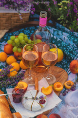 Wine in a lavender field. Selective focus.