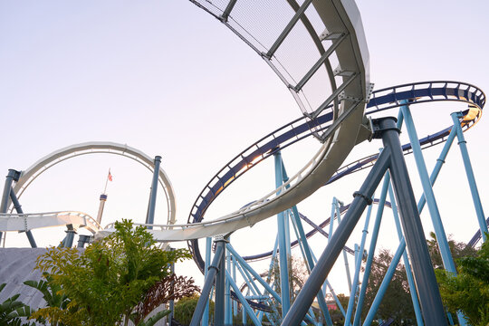 Curving coaster tracks weave through blue columns at dusk. Soft sky and plants frame a dynamic theme park scene.
