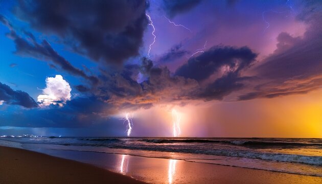 an epic sky with ultra realistic lightning captured in a photograph from a beach - Powered by Adobe
