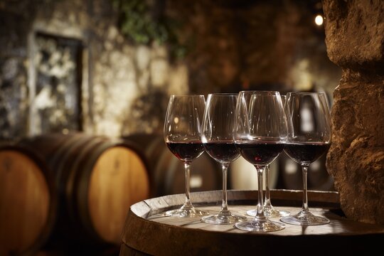 Enjoying Red Wine in a Rustic Wine Cellar With Wooden Barrels and Grapes