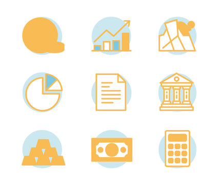 A grid of icons representing various financial and business concepts, including charts, documents, and currency.