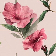Vintage botanical seamless pattern featuring large pink hibiscus flowers and dark green leaves on a soft beige background, ideal for elegant wallpaper, fabric textiles, and decorative nature prints.