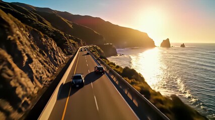 Highway views of cars driving along oceans coastline at sunset, capturing the essence of freedom and adventure, perfect for use as background in travel or outdoor themed commercials.