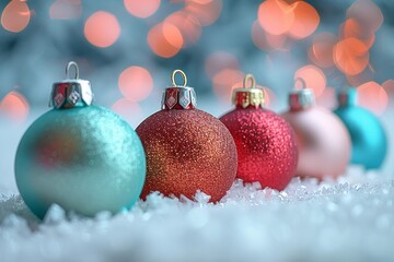 Multicolored Christmas ornaments on soft snow with warm glowing bokeh lights in the background creating cozy festive feel
