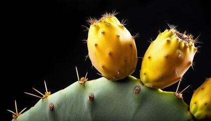 close up of prickly pear cactus with yellow fruit and green pads against a black background