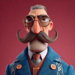 Stylized 3D character of a man with a large curled mustache and glasses. Vintage yet modern cartoon portrait. Movember concept.