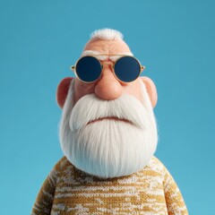 Stylized 3D cartoon grandfather with white beard and round sunglasses on a blue background. Angry Santa.
