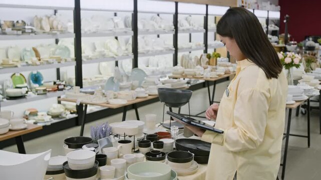 Medium side shot of young saleswoman inspecting merchandise in showroom at tableware store, scrolling through images on digital tablet, checking plates, bowls and dishes on display