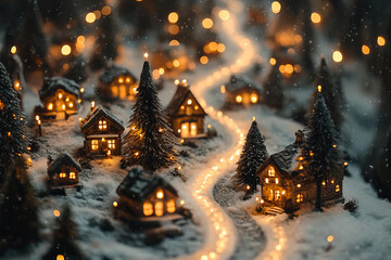 Christmas village with glowing houses covered in snow surrounded by pine trees and festive lights creating magical cozy holiday night scene
