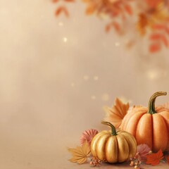 Cozy autumn pumpkins with warm soft glow and gentle bokeh. A festive fall background perfect for Thanksgiving, seasonal marketing, and harvest-themed design.