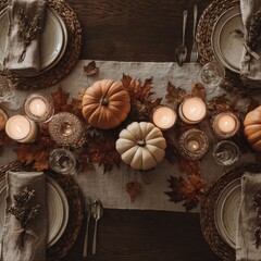 autumn table pumpkins candles top view