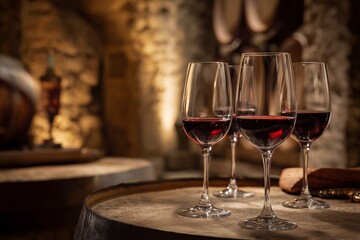 Fototapeta premium Wine Tasting Experience in a Cozy Cellar With Elegant Glasses and Wooden Barrels