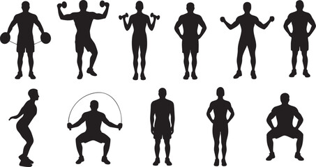 Silhouette men doing exercise routine with dumbbells and jump rope isolated