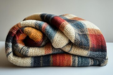 Cozy folded plaid wool blanket with warm texture in red beige blue tones placed on neutral background perfect for winter comfort interior