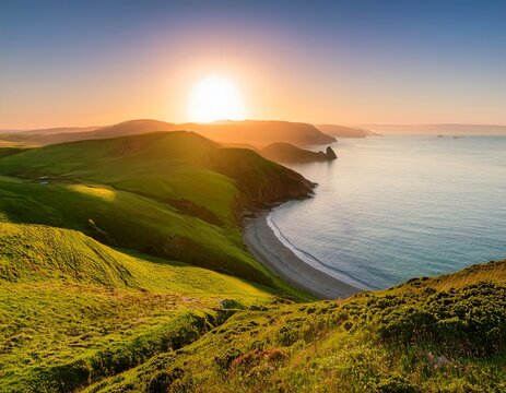 coastal sunrise panorama serene landscape photography showcasing rolling green hills descending to a picturesque coastline bathed in the warm glow of a sunrise - Powered by Adobe