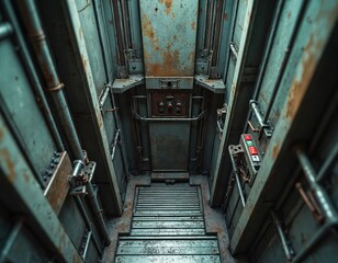 Old industrial elevator shaft interior. Rusty metal structure, exposed cables and pipes. Warning signs indicate repair work in progress. Elevator out of service.