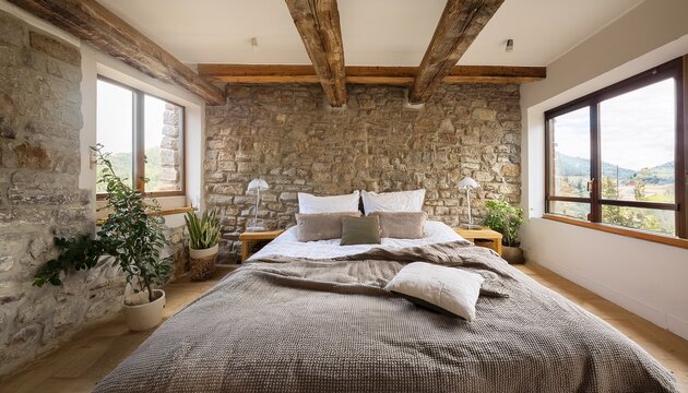 a cozy loft bedroom featuring exposed stone walls and bright natural light from large windows with skylights perfect for relaxing getaways or urban living