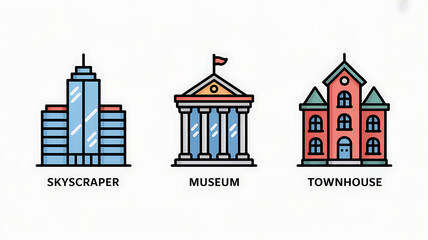 Iconic city buildings skyscraper museum and townhouse illustration set