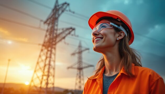 Confident female worker in orange hard hat, safety glasses at power transmission site. High voltage electrical towers in background at sunset. Woman engineer in protective gear, orange work jacket.